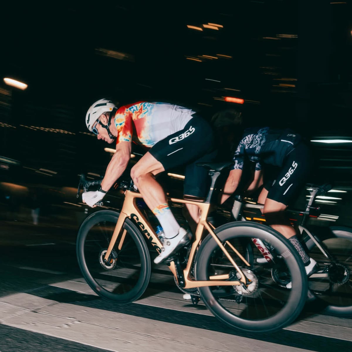 Cyclists racing at speed